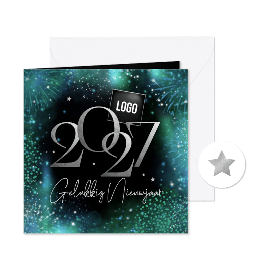 Nieuwjaarskaart 2027 vuurwerk zakelijk zilver sterren logo - Kaartimpressie