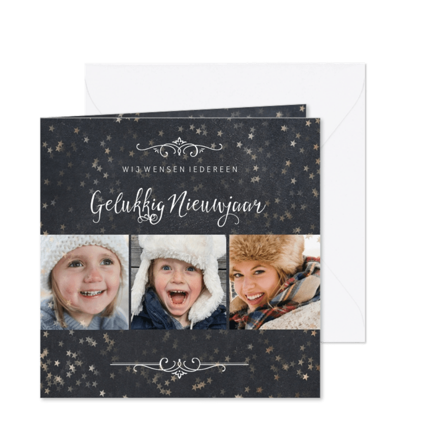 Nieuwjaarskaart 3 foto's met sterretjeseffect en krijtbord - Kaartimpressie