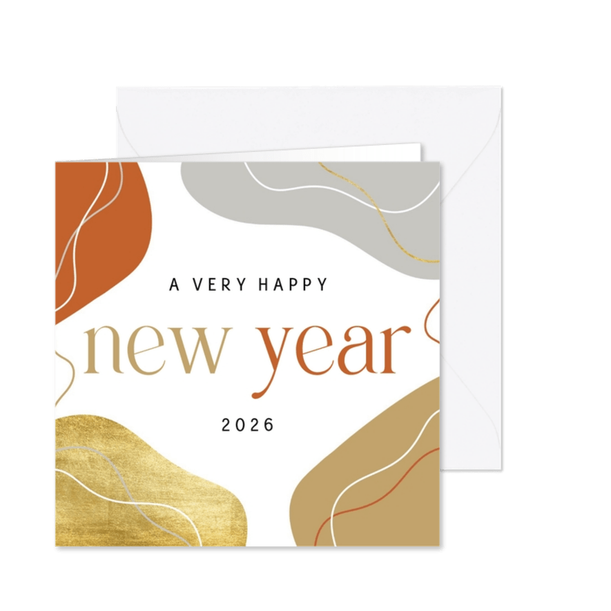 Nieuwjaarskaart abstracte vormen met goud en lijntjes - Kaartimpressie