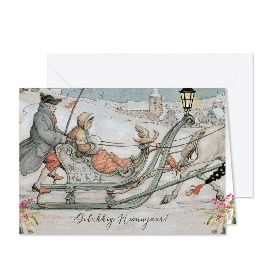 Nieuwjaarskaart arreslee Anton Pieck illustratie  - Kaartimpressie