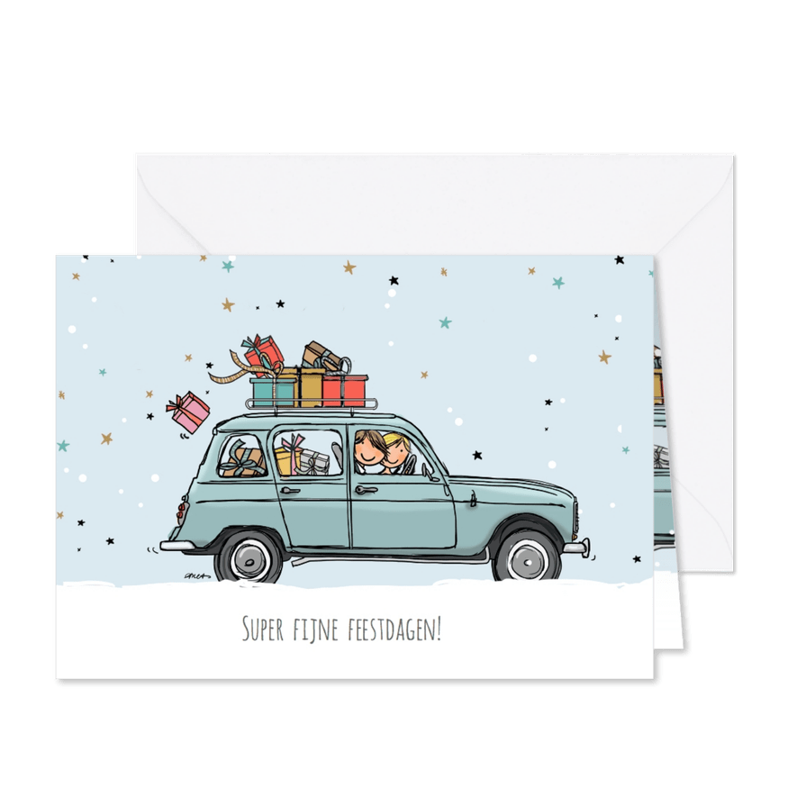 Nieuwjaarskaart auto vier blauw - Kaartimpressie