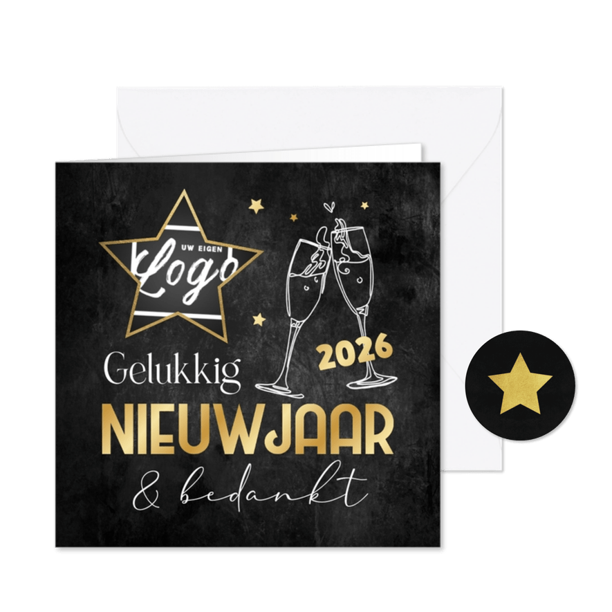 Nieuwjaarskaart bedankt champagne sterren logo 2026 - Kaartimpressie