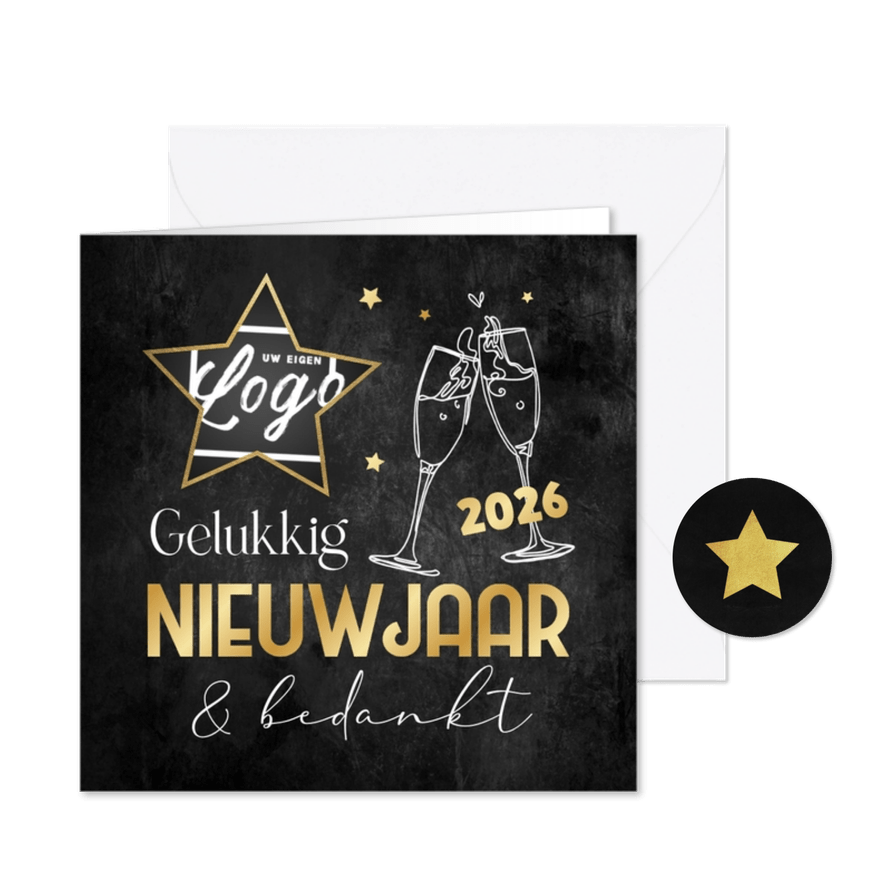 Nieuwjaarskaart bedankt champagne sterren logo 2026 - Kaartimpressie