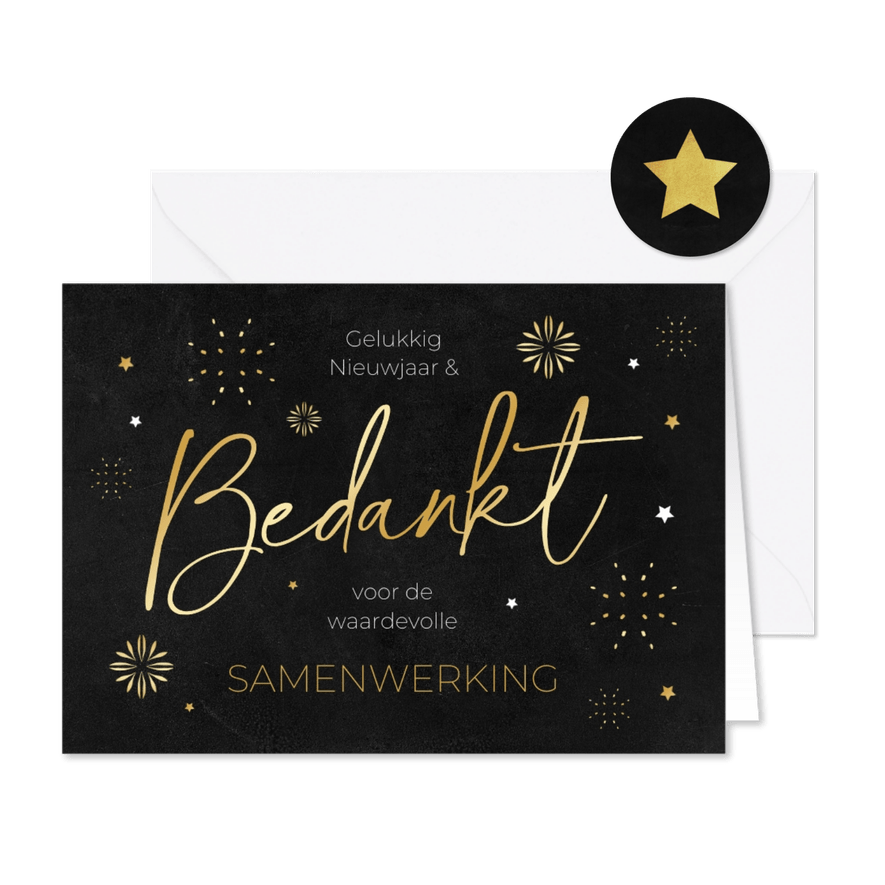 Nieuwjaarskaart bedankt zakelijk vuurwerk sterren goud - Kaartimpressie