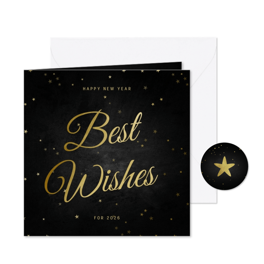 Nieuwjaarskaart Best Wishes klassiek met sterren - Kaartimpressie