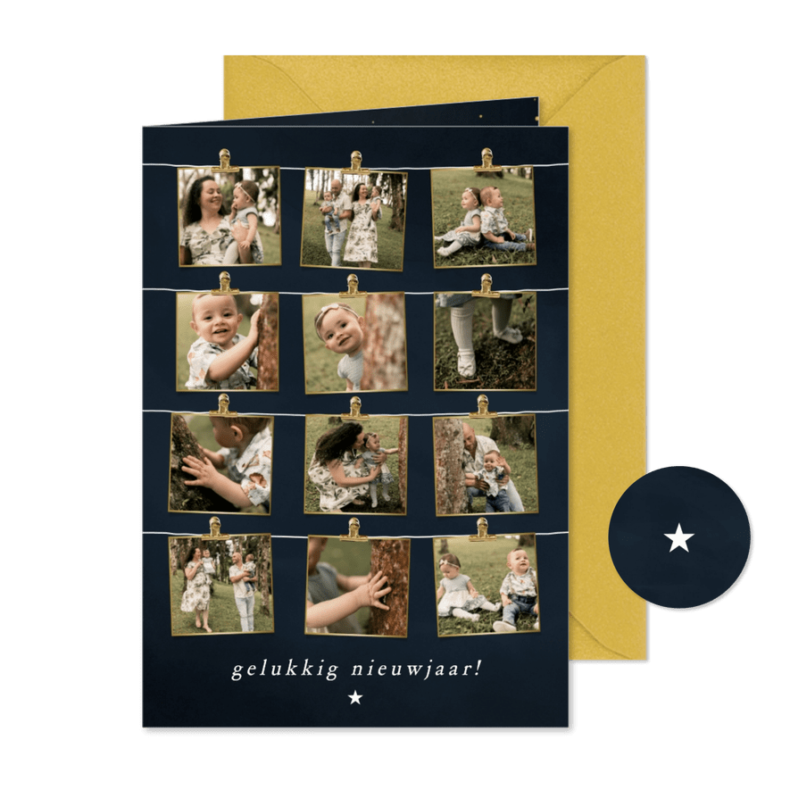 Nieuwjaarskaart blauw fotocollage jaaroverzicht eigen foto's - Kaartimpressie