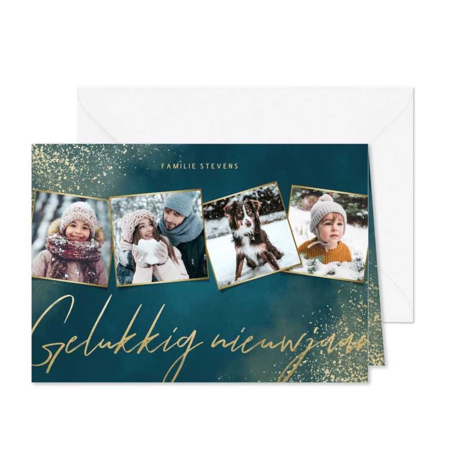 Nieuwjaarskaart blauwe waterverf gelukkig nieuwjaar & foto's - Kaartimpressie