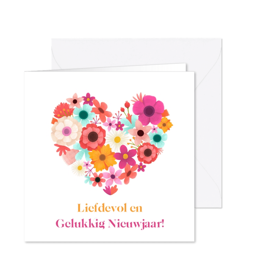 Nieuwjaarskaart bloemen hart vrolijk - Kaartimpressie