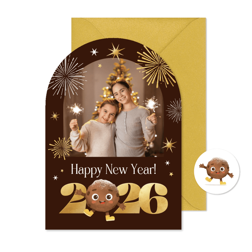 Nieuwjaarskaart boogkaart vuurwerk 2026 foto oliebol - Kaartimpressie