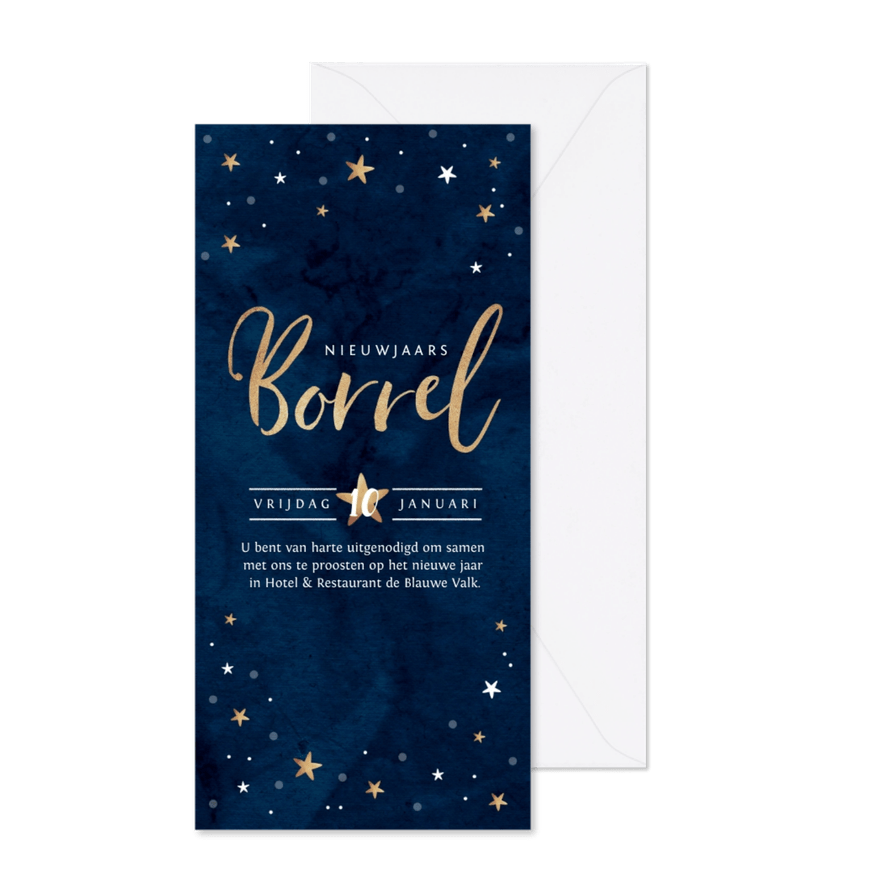 Nieuwjaarskaart borrel goudlook blauw met sterren - Kaartimpressie