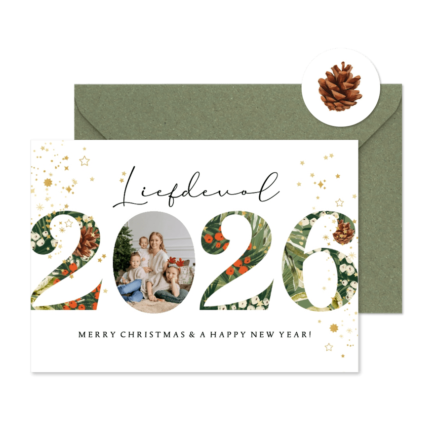 Nieuwjaarskaart botanisch jaartal foto sterren goud - Kaartimpressie