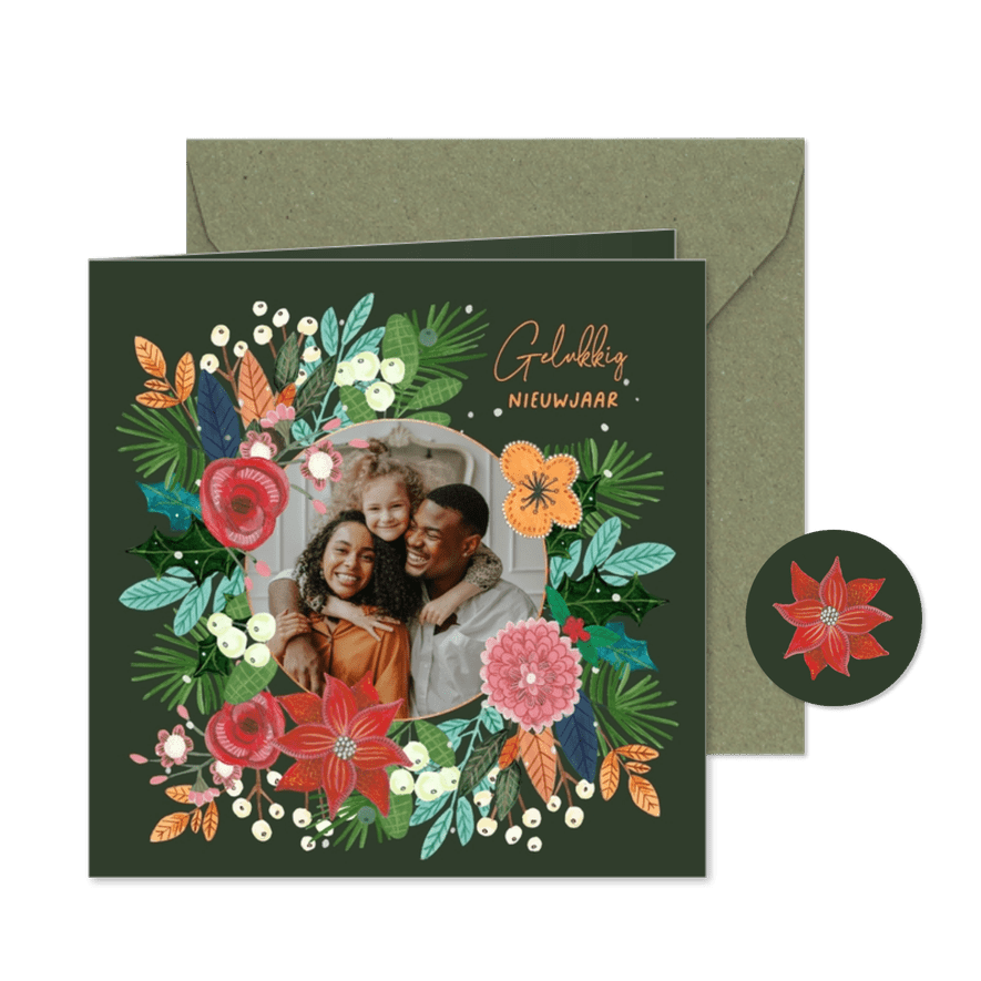 Nieuwjaarskaart botanische kerstster bloemen - Kaartimpressie