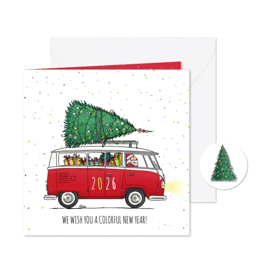 Nieuwjaarskaart Busje kleurrijk  - Kaartimpressie