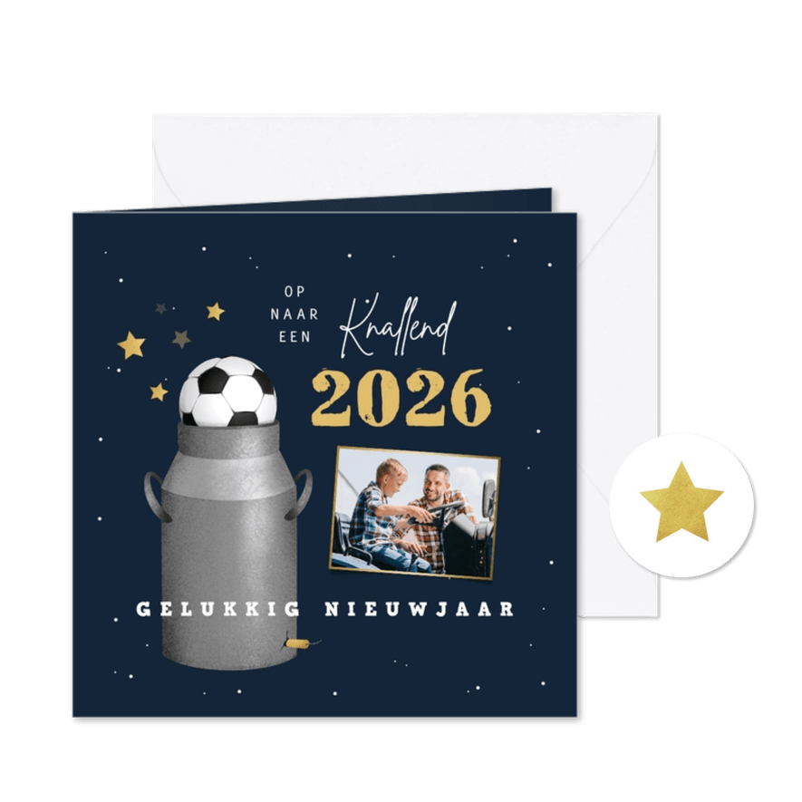 Nieuwjaarskaart carbid schieten vuurwerk sterren 2026 goud - Kaartimpressie