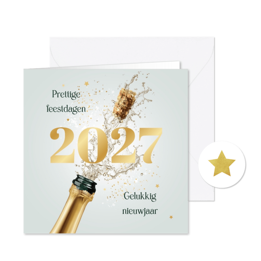 Nieuwjaarskaart champagne 2027 sterretjes goud feestdagen - Kaartimpressie