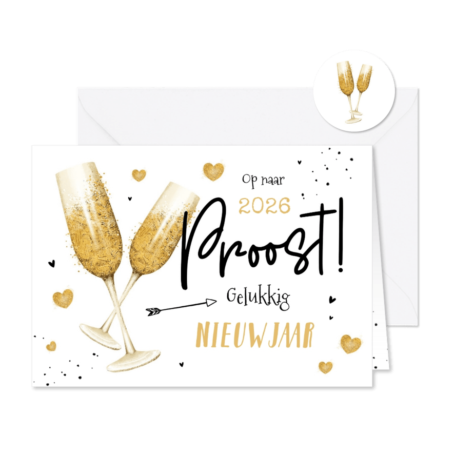 Nieuwjaarskaart champagne gouden hartjes liefde 2026 - Kaartimpressie