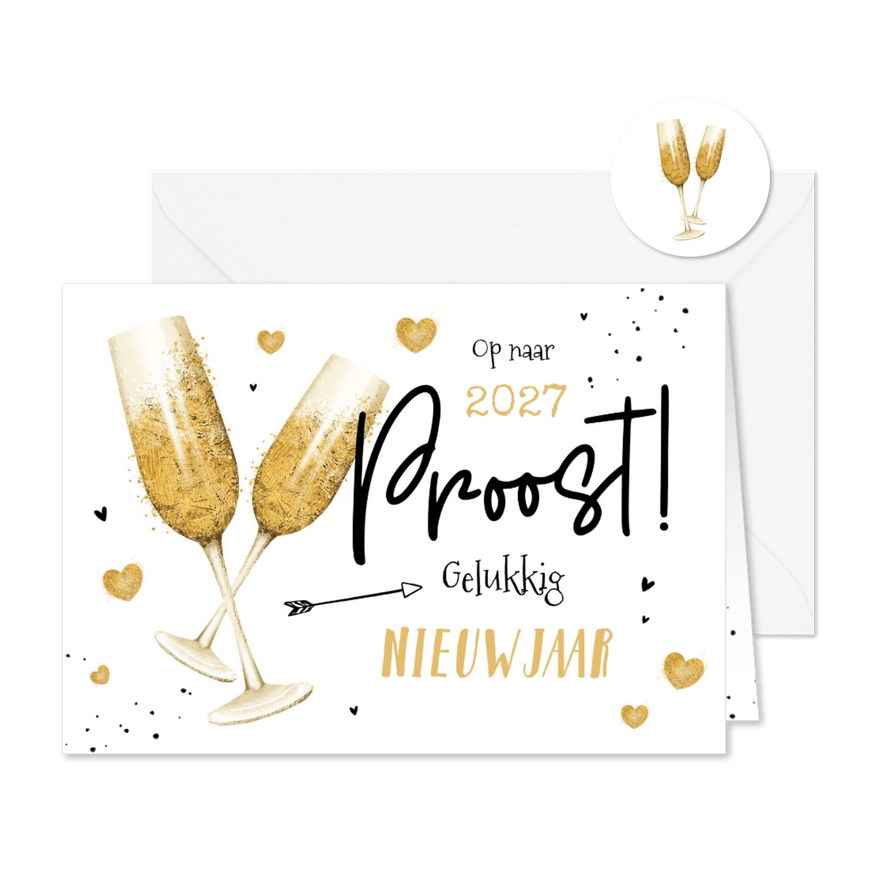 Nieuwjaarskaart champagne gouden hartjes liefde 2027 - Kaartimpressie