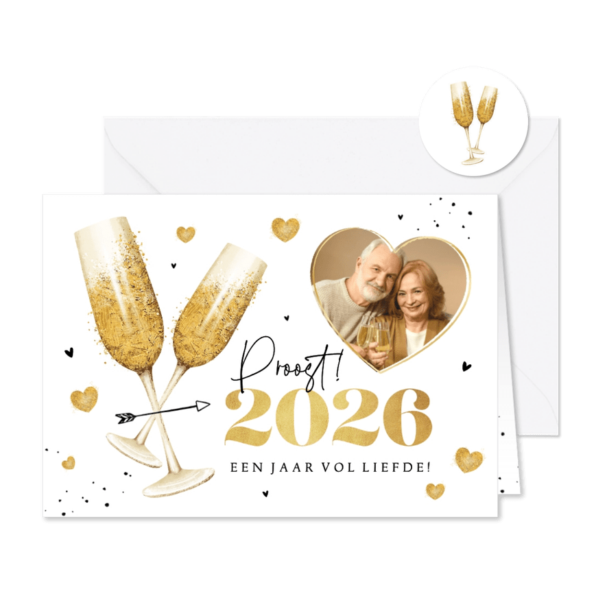 Nieuwjaarskaart champagne hartjes liefde goud 2026 foto - Kaartimpressie