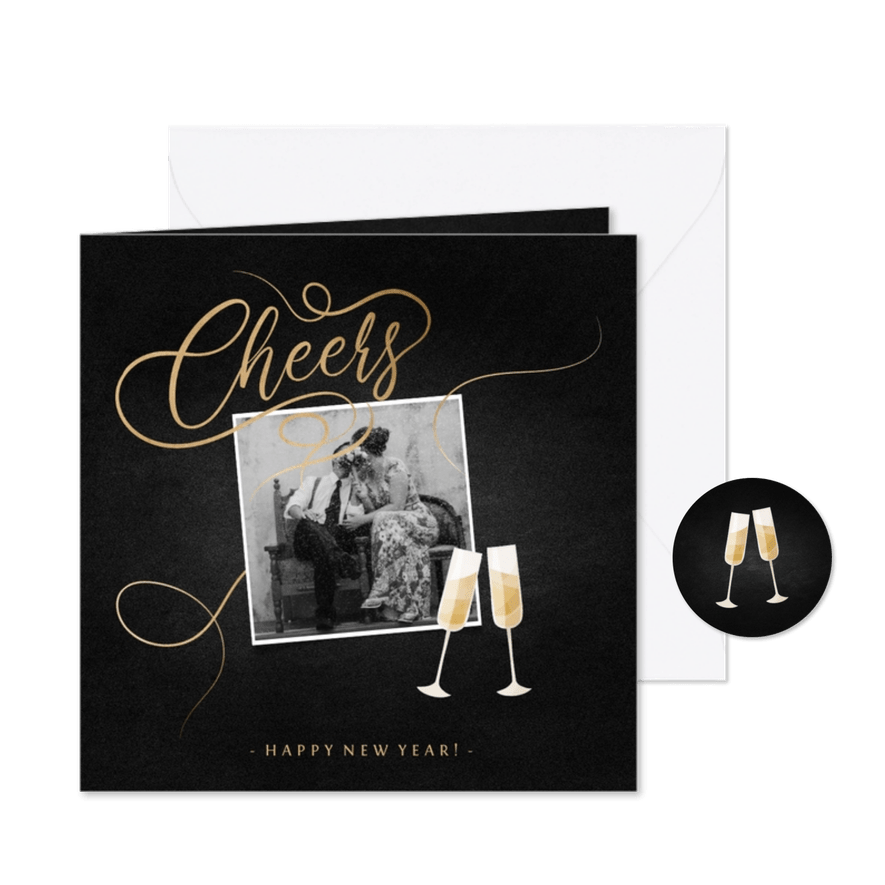 Nieuwjaarskaart champagne met foto en gouden linten - Kaartimpressie