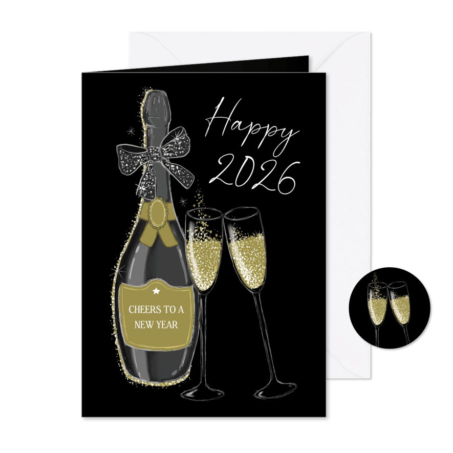 Nieuwjaarskaart champagnefles en glazen - Kaartimpressie
