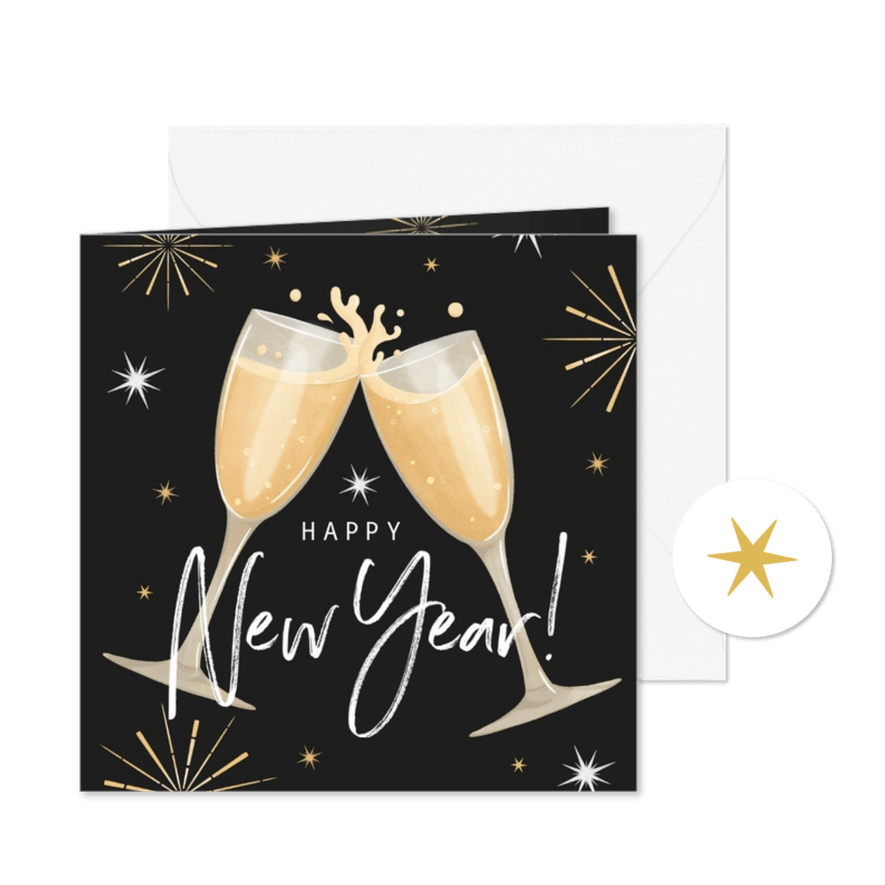 Nieuwjaarskaart champagneglazen happy new year vuurwerk - Kaartimpressie