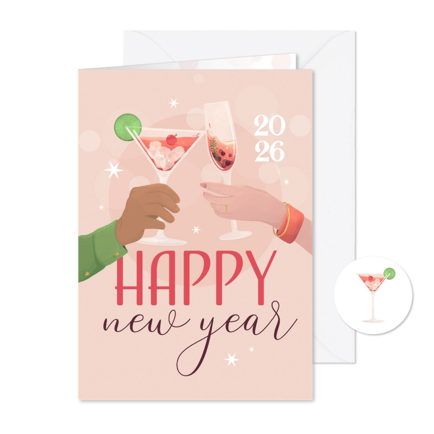 Nieuwjaarskaart cheers champagne happy new year hip - Kaartimpressie