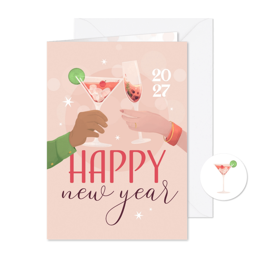 Nieuwjaarskaart cheers champagne happy new year hip - Kaartimpressie
