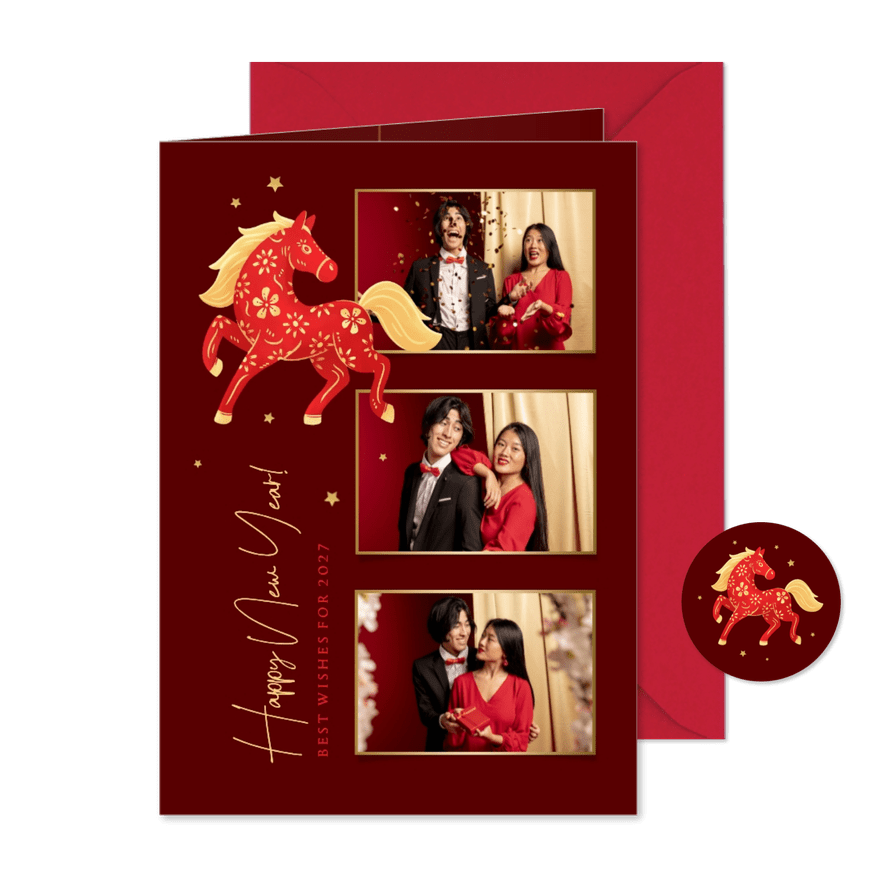 Nieuwjaarskaart Chinees fotocollage sterren paard - Kaartimpressie