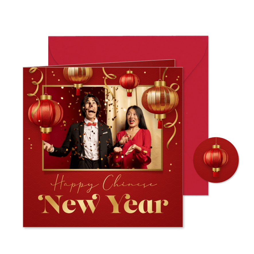 Nieuwjaarskaart Chinees nieuwjaar foto lampionnen slingers - Kaartimpressie