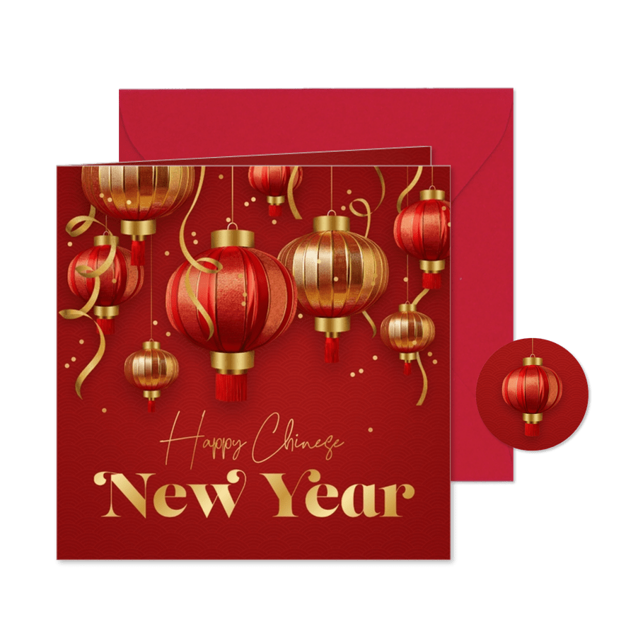 Nieuwjaarskaart Chinees nieuwjaar lampionnen goud slingers - Kaartimpressie