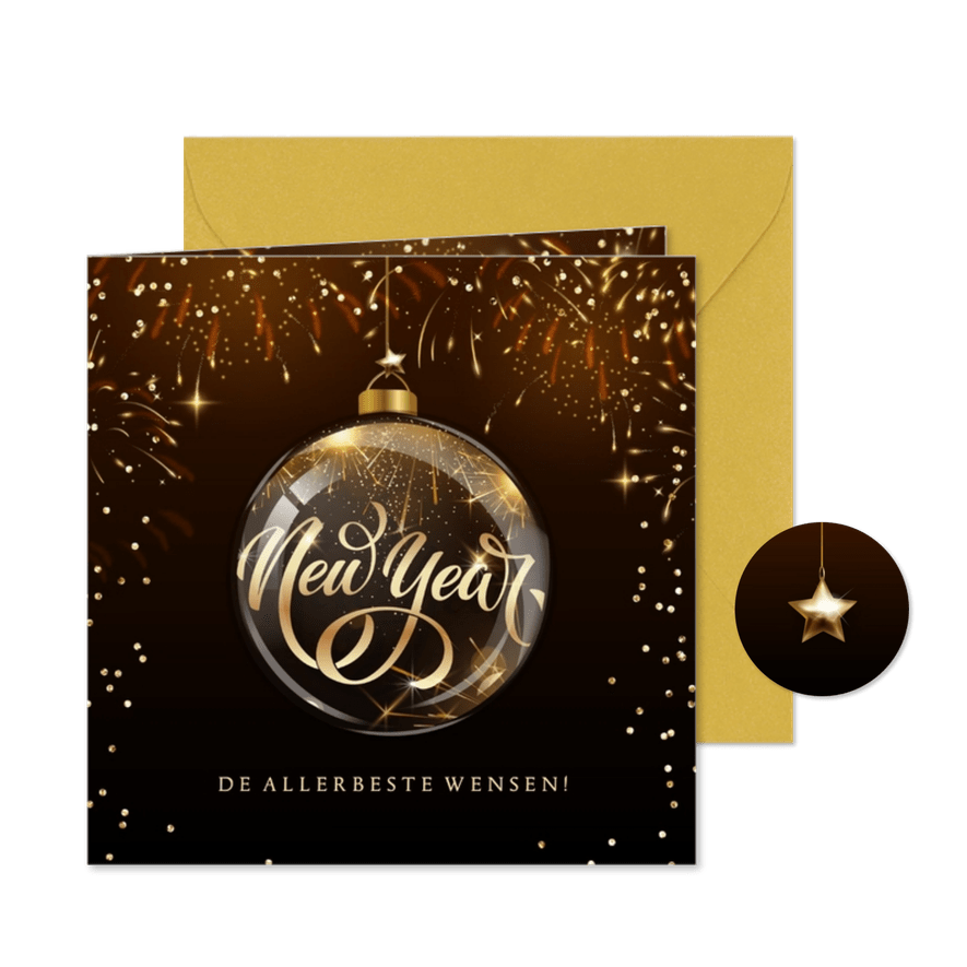 Nieuwjaarskaart chique goud vuurwerk kerstornament met tekst - Kaartimpressie