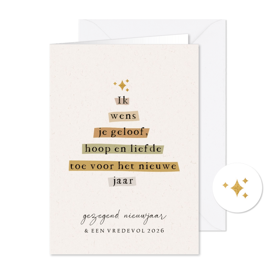 Nieuwjaarskaart christelijk quote kerstboom ster goudlook - Kaartimpressie