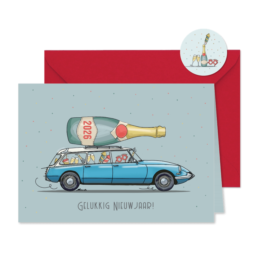 Nieuwjaarskaart Citroën DS break met champagne fles - Kaartimpressie