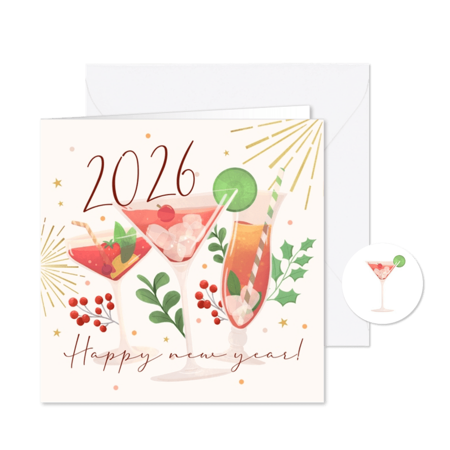 Nieuwjaarskaart cocktails en vuurwerk cheers 2026 - Kaartimpressie