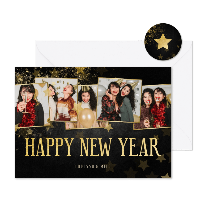 Nieuwjaarskaart collage met krijtbord en sterren - Kaartimpressie