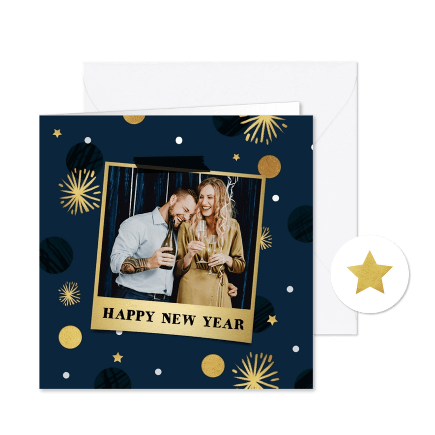 Nieuwjaarskaart confetti vuurwerk sterren foto goud - Kaartimpressie