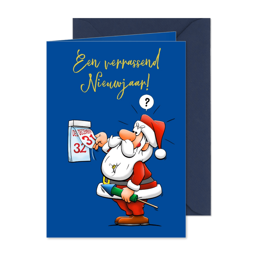 Nieuwjaarskaart de kerstman wenst verrassend nieuwjaar - Kaartimpressie