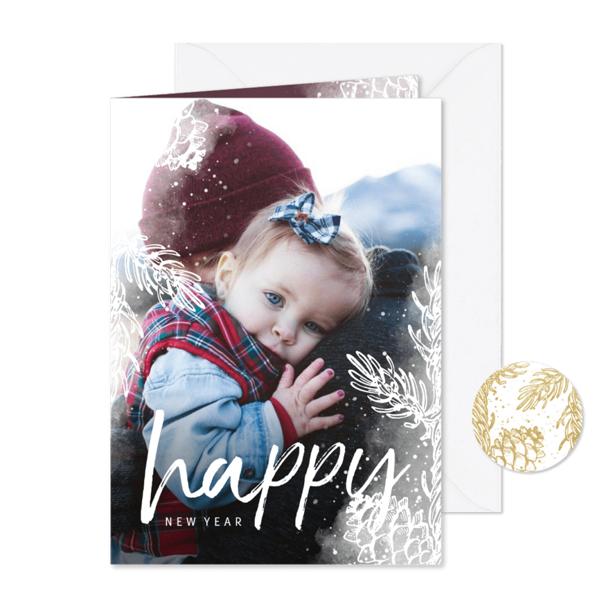 Nieuwjaarskaart dennentakje wit met foto achtergrond - Kaartimpressie
