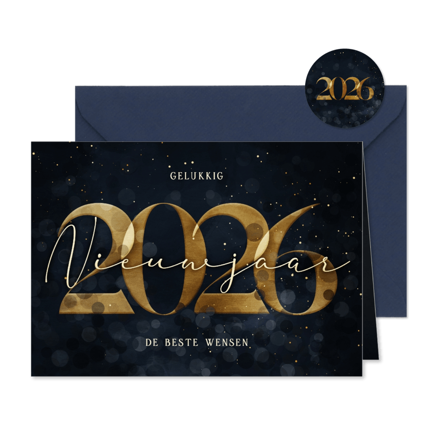 Nieuwjaarskaart donkerblauw met gouden 2026 - Kaartimpressie