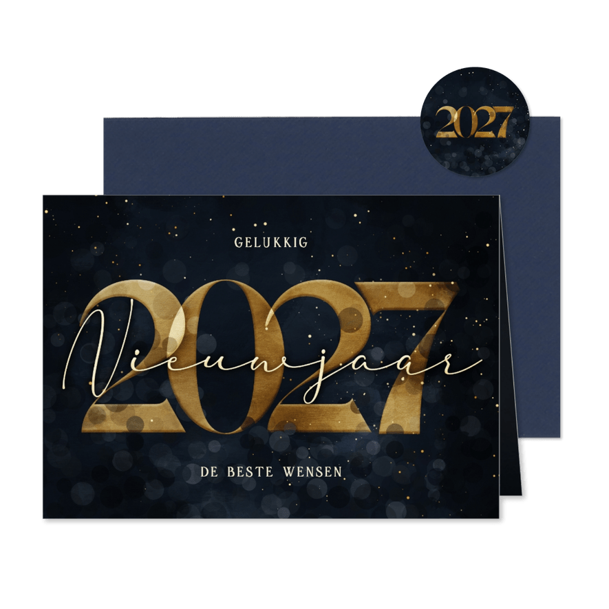 Nieuwjaarskaart donkerblauw met gouden 2027 - Kaartimpressie