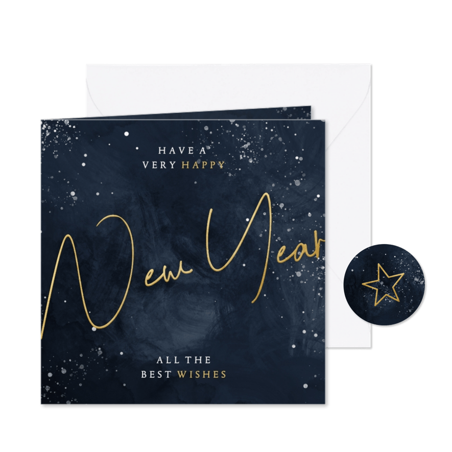 Nieuwjaarskaart donkerblauw New Year in goudlook - Kaartimpressie
