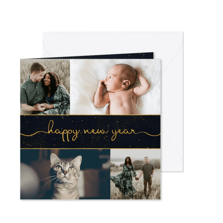 Nieuwjaarskaart donkere achtergrond met sierlijke letters - Kaartimpressie