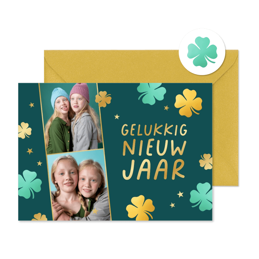 Nieuwjaarskaart eigen foto's klavertjes vier goud - Kaartimpressie