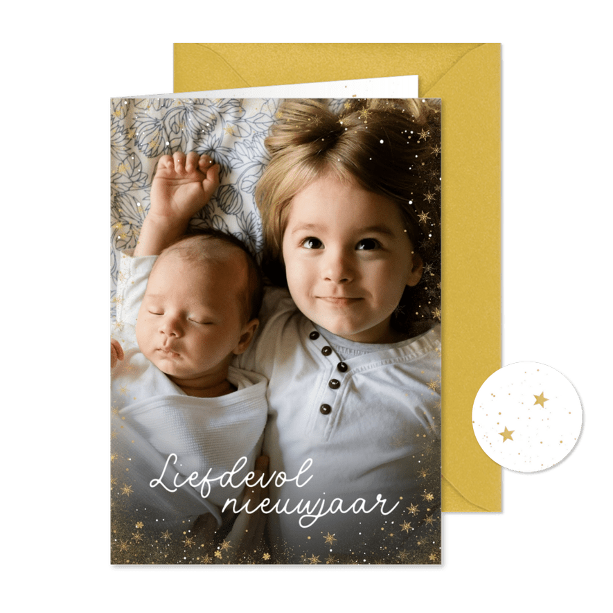 Nieuwjaarskaart eigen grote foto sterrenkaden liefdevol - Kaartimpressie