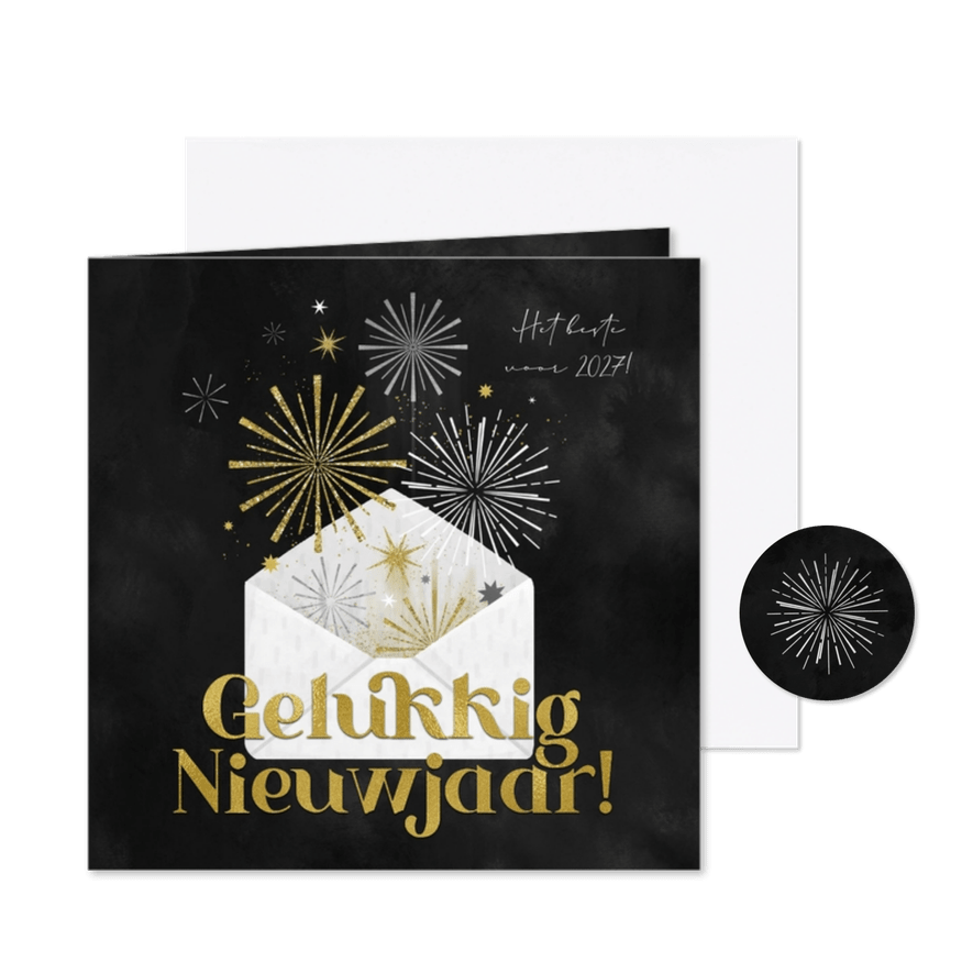Nieuwjaarskaart envelop vuurwerk goud sterren 2027 - Kaartimpressie