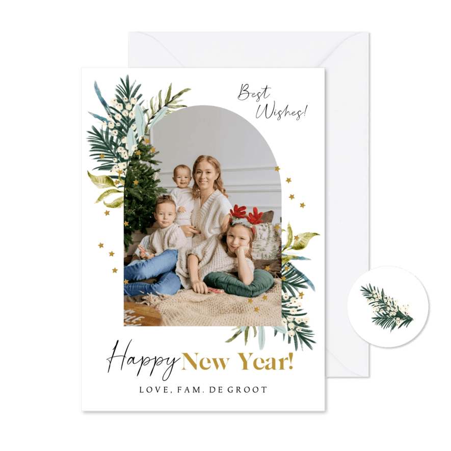 Nieuwjaarskaart foto botanische bladeren gouden sterren - Kaartimpressie