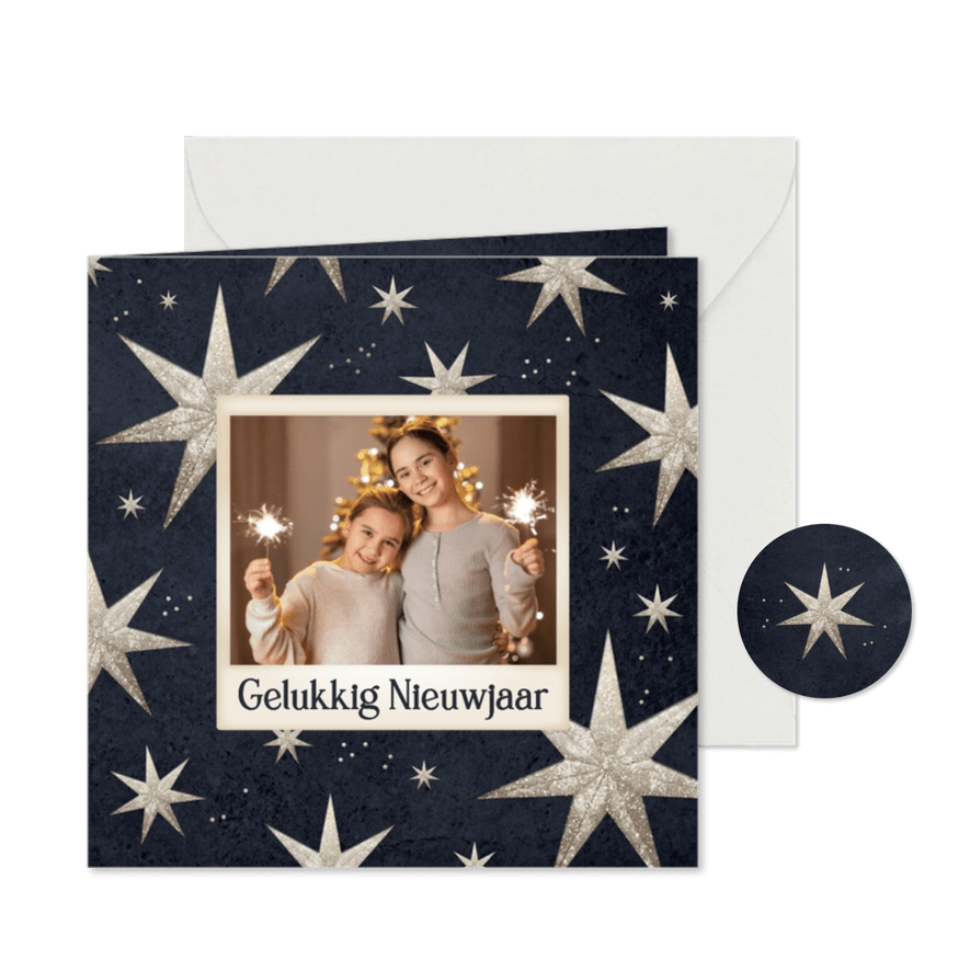 Nieuwjaarskaart foto glitter sterren gelukkig nieuwjaar - Kaartimpressie