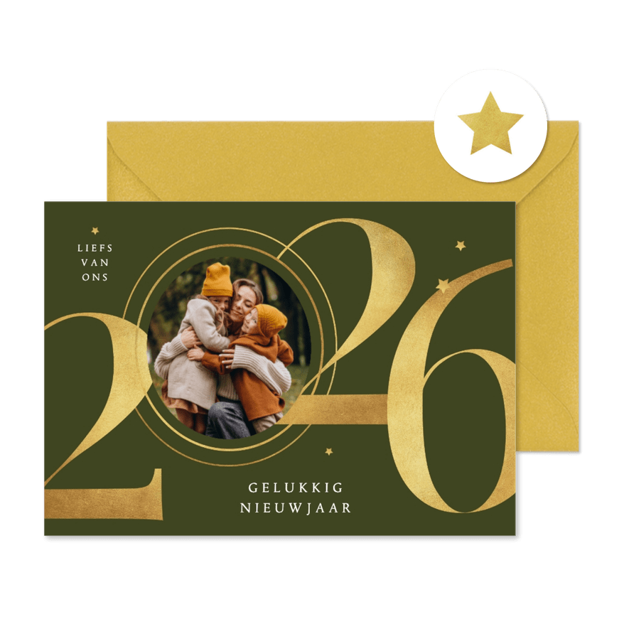 Nieuwjaarskaart foto goud 2026 grafisch sterren - Kaartimpressie