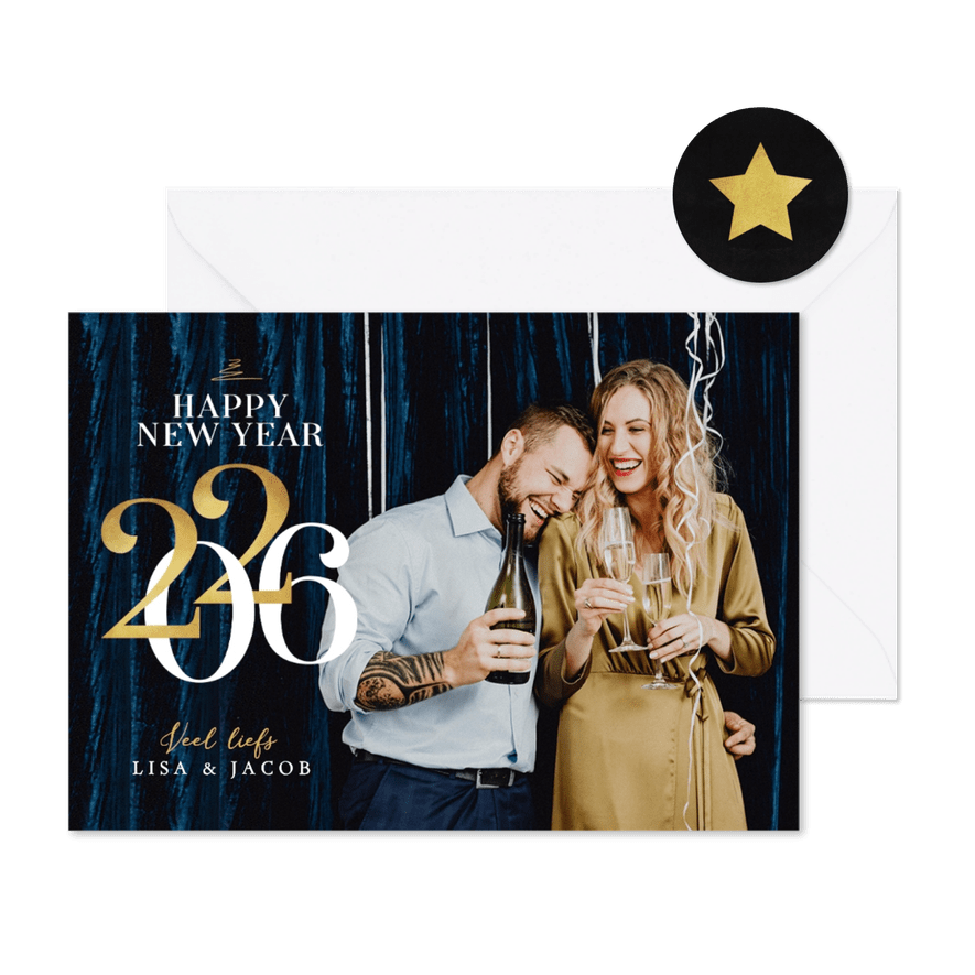 Nieuwjaarskaart foto goud 2026 happy new year sterren - Kaartimpressie