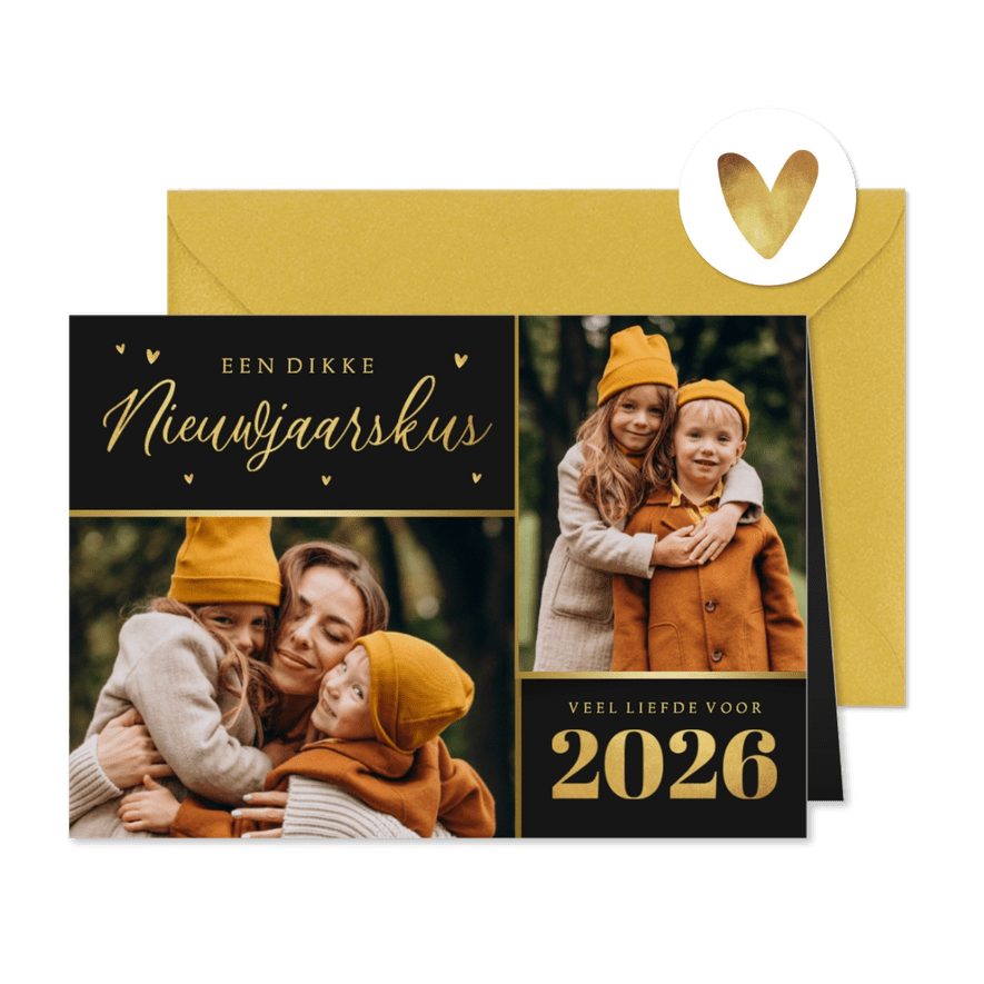 Nieuwjaarskaart foto goud 2026 liefde nieuwjaarskus - Kaartimpressie